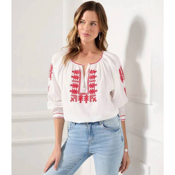 KAREN KANE Tops - NEW KAREN KANE catrina three-quarter sleeve embroidered top in cream/ red